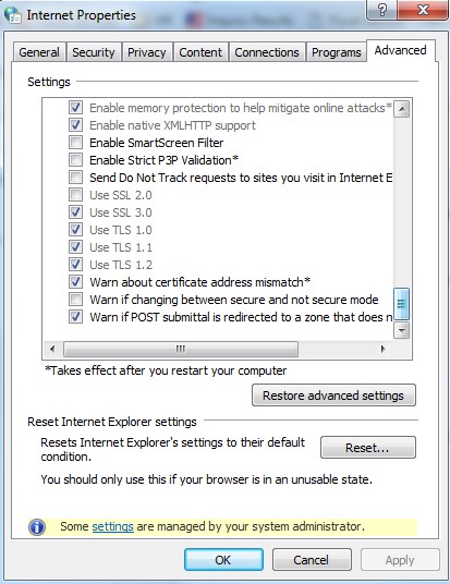Internet options screen in Chrome with TLS options checked